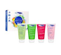 TRISWIM - Ensemble de Voyage Anti-chlore Pour Nageurs, Gel Douche Femme et les Hommes, Shampoing Hydratant, Lait Corps Hydratant, Apres Shampoing Neutralisant le Chlore (4x90ml)