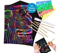 Tritart Kit de tableaux à gratter - 45 feuilles - Papier à gratter arc-en-ciel pour le dessin et le bricolage - avec règles de pochoirs crayons en bois autocollants et pinceau - A4