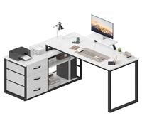 TRIUMPHKEY Bureau avec 3 tiroirs, 140 x 100 x 75 cm, Bureau d'angle avec étagères, réversible en Forme de L avec 2 Ports de Charge USB et 2 Prises de Courant, Bureaux pour Maison, Gris
