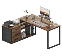 TRIUMPHKEY Bureau avec 3 tiroirs, 140 x 100 x 75 cm, Bureau d'angle avec étagères, réversible en Forme de L avec 2 Ports de Charge USB et 2 Prises de Courant, Bureaux pour Maison, Marron