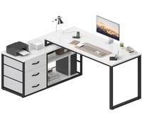 TRIUMPHKEY Bureau avec 3 tiroirs, 140 x 105 x 75 cm, Bureau d'angle avec étagères, réversible en Forme de L avec 2 Ports de Charge USB et 2 Prises de Courant, Bureaux pour Maison, Gris