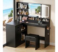 TRIUMPHKEY Coiffeuse avec Grand Miroir LED et Tabouret, Table de Maquillage en L avec Multiprise y Support de Sèche-Cheveux, 5 Tiroirs,Cloison de Rangement, Étagères, Coiffeuse Moderne, Noir