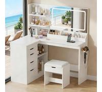 TRIUMPHKEY Coiffeuse avec Grand Miroir LED et Tabouret, Table de Maquillage en L avec Multiprise y Support de Sèche-Cheveux, 5 Tiroirs, Cloison de Rangement, Étagères,Coiffeuse Moderne, Blanc