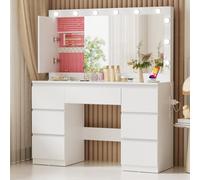 TRIUMPHKEY Coiffeuse avec Grande Miroir et Multiprise, 12 Ampoules LED Réglables, Table de Maquillage avec 7 Tiroirs, Rangement de Bijoux, 120x40x140cm Grande Commode Moderne (Blanc)