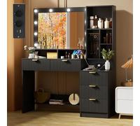 TRIUMPHKEY Coiffeuse avec Miroir et Multiprise, Éclairage LED Réglable, Table de Maquillage avec Rangements, 5 Tiroirs, Étagères Ouvertes et Crochets à Bijoux, Moderne (Noir)