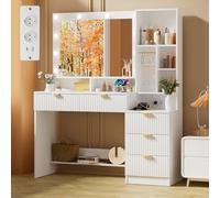 TRIUMPHKEY Coiffeuse avec Miroir et Multiprise, Éclairage LED Réglable, Table de Maquillage avec Rangements, 5 Tiroirs, Étagères Ouvertes et Crochets à Bijoux, Moderne (Blanc)