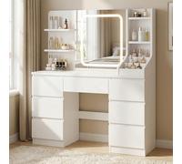 TRIUMPHKEY Coiffeuse avec Miroir LED, Luminosité Réglable,Coiffeuse Moderne vanité de Maquillage avec 2 étagères et 7 Tiroirs,Coiffeuse Blanche (Blanc Pur)