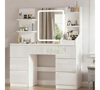 TRIUMPHKEY Coiffeuse avec Miroir LED, Luminosité Réglable,Coiffeuse Moderne vanité de Maquillage avec 2 étagères et 7 Tiroirs,Coiffeuse Blanche (Blanc Lumière)