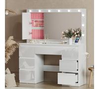 TRIUMPHKEY Coiffeuse Blanc Haute Brillance avec Grande Miroir et Multiprise, 12 Ampoules LED Réglables, Table de Maquillage avec 7 Tiroirs, Rangement de Bijoux, 120x40x140cm Grande Commode Moderne