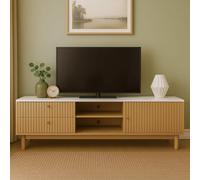 Trix meuble tv aspect bois rainuré et blanc avec tiroirs et placard 150cm