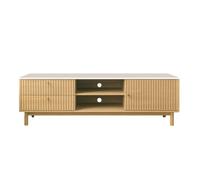 TRIX - Meuble TV aspect bois rainuré et blanc avec tiroirs et placard 150cm