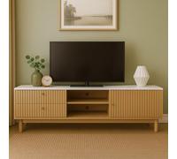 CONCEPT USINE | Meuble TV 150 cm TRIX | Bois Clair & Plateau Blanc | Design Rainuré avec Tiroirs, Placard et Niches | Poignées Métal Doré | Passe-Câbles Intégrés | Style Contemporain Élancé