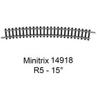 Minitrix Rail courbe R5/15 N T14918 – 15° 492,6 mm – Lot de 10 pièces