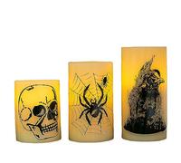 TRIXES 3 x Bougies Pilier sans Flamme à LED pour Halloween - Crâne, Araignée et Corbeau - Alimenté par Piles - Accessoires de Décoration de Fête d'halloween