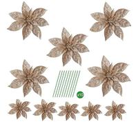 TRIXES Lot de 10 Fleurs artificielles de Poinsettia à Paillettes Champagne, décorations pour Sapin de Noël et couronnes, 2 Tailles Assorties