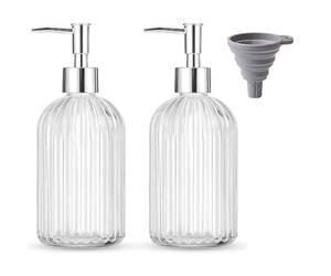 TRIXES Lot de 2 distributeurs de Savon en Verre nervuré, 400ml, Distributeur Finition chromée avec Entonnoir en Silicone