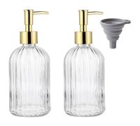 TRIXES Lot de 2 distributeurs de Savon en Verre nervuré avec Entonnoir en Silicone Doré, 400ML