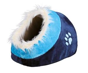 TRIXIE Cave à câlins Minou, 35 × 26 × 41 cm, 36309, bleu foncé/bleu, peluche douce, rembourrage mousse, fond antidérapant, coussin réversible