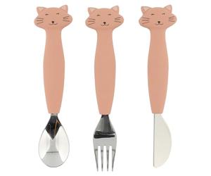 Trixie - Ensemble de Couverts en Silicone et Acier Inoxydable pour Bébés et Enfants - 3 Pièces (Fourchette, Cuillère et Couteau) - Mrs. Cat (Chat)
