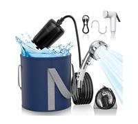 TRJZWA Douche Portable Camping, 9000mAh Pompe de Douche Rechargeable avec Affichage Numérique, Pommeau de Douche Réglable et Seau Pliable,Douche D'extérieur pour Camping,Randonnée,Lavage de Voiture