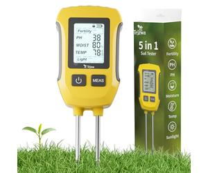 TRJZWA Testeur d'humidité pour Plantes 5 en 1,Humidimètre pour Fertilité/PH/Humidité du Sol/Température/Intensité de la Lumière du Soleil, Hygrometre pour Plantes avec Écran LCD Rétro-Éclairé