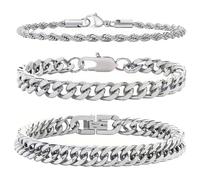 TRKETK 3 Pièces Bracelet en Argent pour Hommes 21 cm, Chaîne Bracelet Cubaine Poignet Chaine Maille Cubaine Grosse Cadeaux de Bracelet de Bijoux pour Papa Petit Ami Mari de Père Cadeau