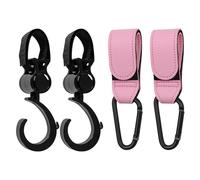 TRKETK 4 Pièces Crochets pour Poussette, Style Cuir Pivotants à 360 Degrés Crochets pour Poussette Robustes Clips Universels pour Poussette pour sac à Dos, sac à Langer, sac à Main (Rose + Noir)