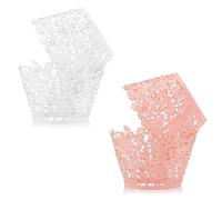 TRKETK 60 Pièces Emballages de Cupcakes, Doublures de Cupcakes en Dentelle Gobelets en Papier pour Gâteaux de Cuisson Artistiques Caissettes à Cupcakes Découpées au Laser pour Mariage Fête(Blanc+Rose)