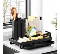Trlyane Porte-Éponge Évier Cuisine, Organisateur d’Évier avec Égouttoir | Support Éponge Évier Cuisine en Acier au Carbone avec Porte-Savon, Bac Amovible et Barre pour Chiffon, Noir