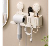 Trlyane Support Sèche-Cheveux Mural à Double Ventouse, sans Perçage, Rangement Salle de Bain avec 2 Compartiments et Crochets Range-Câbles, Organisateur pour Brosse, Peigne, Accessoires, Beige