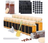 TRMLBE Bocaux à épices carrés 24 pièces 120ml Bocaux à épices en verre avec saupoudroir, étiquettes étanches, entonnoir, brosse de nettoyage Bocaux à épices pour accessoires de cuisine, couvercle en b