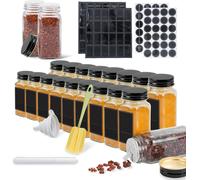 TRMLBE Bocaux à épices carrés 24 pièces 120ml Bocaux à épices en verre avec saupoudroir, étiquettes étanches, entonnoir, brosse de nettoyage Récipients à épices pour accessoires de cuisine, couvercle