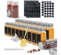 TRMLBE Bocaux à épices carrés 24 pièces 120ml Bocaux à épices en verre avec saupoudroir, étiquettes étanches, entonnoir, brosse de nettoyage Récipients à épices pour accessoires de cuisine, couvercle