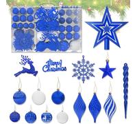 TRMLBE Boules de Noël Set de 108 boules de Noël en plastique avec étoiles, flocons de neige et rennes brillants avec paillettes, Ø 3, 4 & 6 cm Boules de Noël en plastique, crochet inclus (bleu saphir)