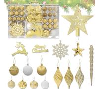 TRMLBE c 108er set de boules de Noël en plastique avec étoiles, flocons de neige et rennes brillants avec paillettes, Ø 3, 4 & 6 cm Boules de Noël en plastique, crochet inclus (or)