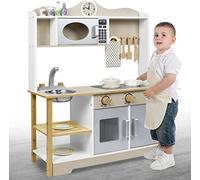 TRMLBE Cuisine pour enfants Cuisine de jeu en bois 85x65x24cm Set de cuisine de poupée PLAYMOBIL Cuisine pour enfants avec accessoires tels que four à micro-ondes, four, évier, batterie de cuisine et