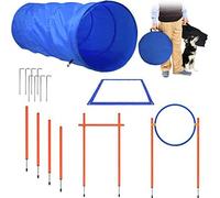 TRMLBE Kit d'équipement d'agilité pour chiens Kit d'entraînement à l'agilité avec barres de slalom, anneau de saut réglable, barre de saut en hauteur, terrain de pause, tunnel pour chiens Kit d'entraî