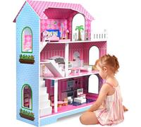 TRMLBE Maison de poupées pour enfants Maison en bois 100x70x30cm Set de maison de poupées rose 3 étages PLAYMOBIL Dollhouse avec meubles & accessoires DIY, pour filles et garçons