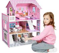 TRMLBE Maison de poupées pour enfants Maison en bois 70x60x24cm Set de maison de poupées rose 3 étages PLAYMOBIL Dollhouse avec meubles & accessoires DIY, pour filles et garçons