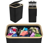 TRMLBE Panier à linge avec couvercle 140L Collecteur de linge incl. 3 compartiments Sac à linge lavable & poignée, extensible Trieur de linge amovible Boîte à linge Séparateur de linge, Noir