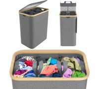 TRMLBE Panier à linge avec couvercle 140L Collecteur de linge incl. 3 compartiments Sac à linge lavable & poignée, extensible Trieur de linge amovible Boîte à linge Séparateur de linge, Gris
