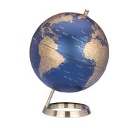 TROIKA Globe terrestre mat 23,5 degrés bleu foncé et surfaces de terre dorées Ø 25 mm véritable relief cartographie pied en métal chromé aspect brossé, fond en feutre doux