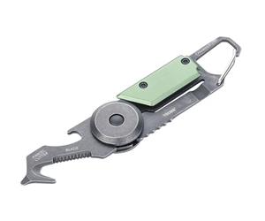 TROIKA Mini outil 5 fonctions - EGON CARD - Couteau à colis - Mousqueton - Petite lame de scie - Acier inoxydable 420 - Aluminium - Anodisé - Vert stonewash - TROIKA original