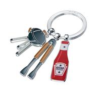 TROIKA Porte-clés BBQ avec 3 pendentifs bouteille ketchup, barbecue et pince, émail métal moulé chromé gris et rouge, cadeau pour amateurs de grillades