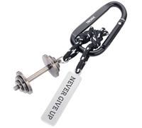 TROIKA Porte-clés Fitness NEVER GIVE UP avec mousqueton 2 pendentifs sur corde d'escalade décorative : haltère et plaque en alliage de zinc chromé, noir, argenté original, noir / argenté, 11,7 x 4,5 x