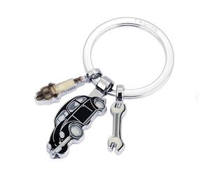 TROIKA Porte-clés Volkswagen type 1 avec 3 pendentifs en émail, clé à molette, bougie d'allumage, coccinelle VW, anneau porte-clés en fonte de métal, chromé, noir et argenté, noir/argenté, 6,7 x 4 x