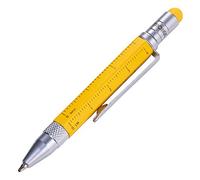 TROIKA Stylo à bille multitâche (petit), règle centimètres/pouces, tournevis cruciforme, stylet (jaune), mine noire, avec 2 mines de rechange en aluminium/laiton/acier mat, jaune