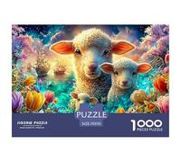 Trois Agneaux Parmi Les Fleurs au Coucher du Soleil près d'un Navire Puzzle De 1000 Pièces Sheep Excellent Cadeau pour Personnes Âgées, Seniors, Adultes Et Enfants 70x50cm/1000pcs