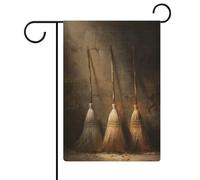 Trois balais rétro drapeau de jardin saisonnier vacances toile de jute double face maison cour drapeaux extérieurs 30,5 x 45,7 cm