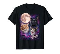 Trois Chats Pleine Lune Espace Galaxie Graphique T-Shirt